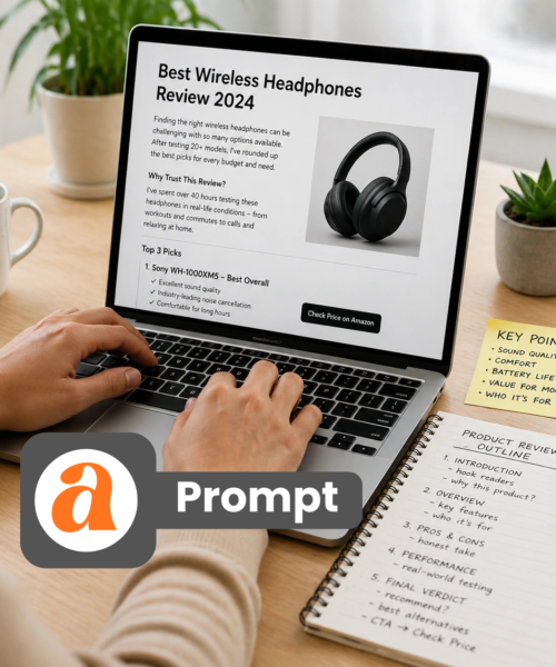 affiliate product blog workspace setup with laptop and notes