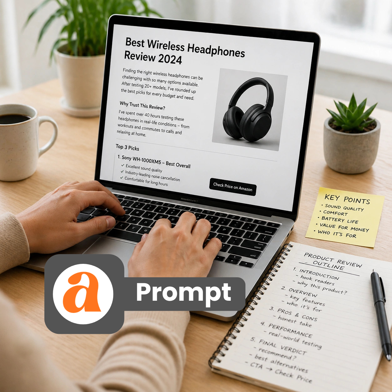 affiliate product blog workspace setup with laptop and notes