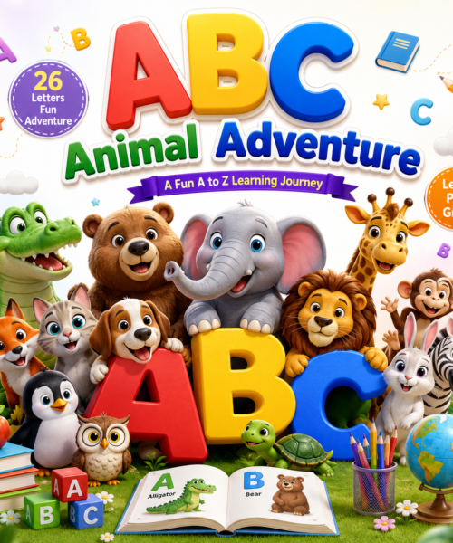 ABC Animal Adventure children's alphabet ebook featuring colorful A to Z letters and friendly animal characters for preschool learning