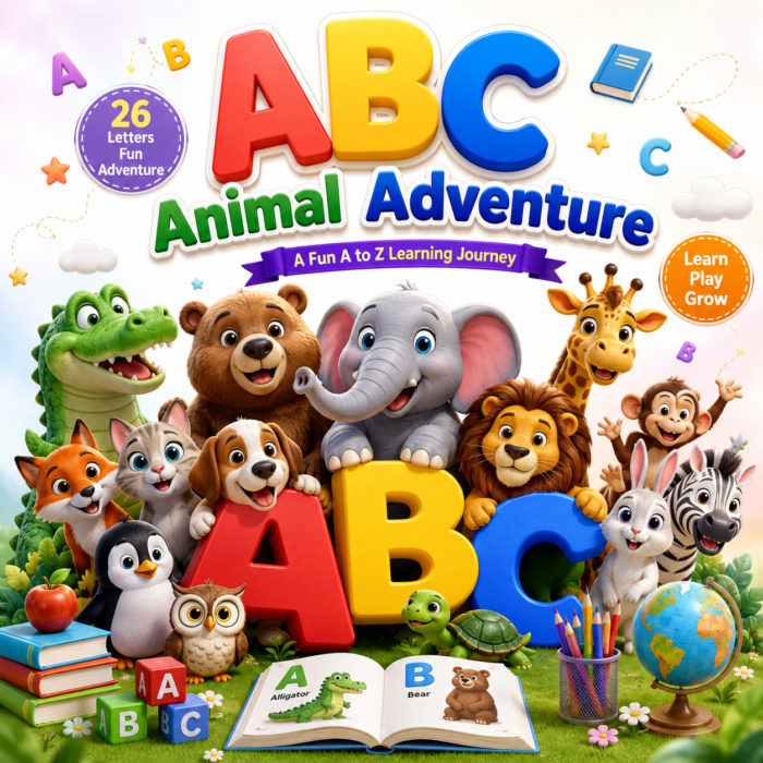 ABC Animal Adventure children's alphabet ebook featuring colorful A to Z letters and friendly animal characters for preschool learning