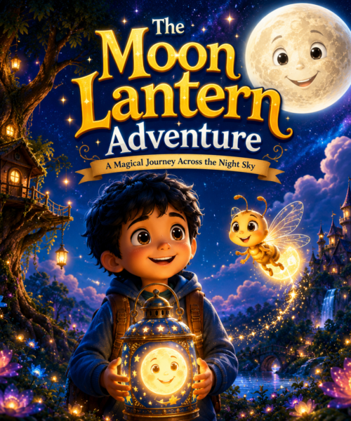 The Moon Lantern Adventure children's fantasy ebook featuring Ayan, Luna the glowing firefly, and a magical lantern beneath a smiling moon.