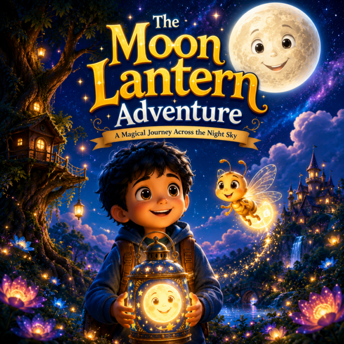 The Moon Lantern Adventure children's fantasy ebook featuring Ayan, Luna the glowing firefly, and a magical lantern beneath a smiling moon.